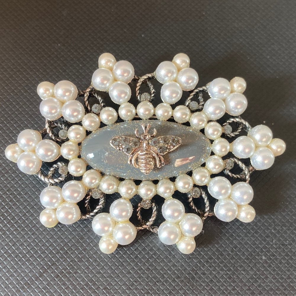 Vintage Inspired Pearl and Rhinestone Bee Brooch